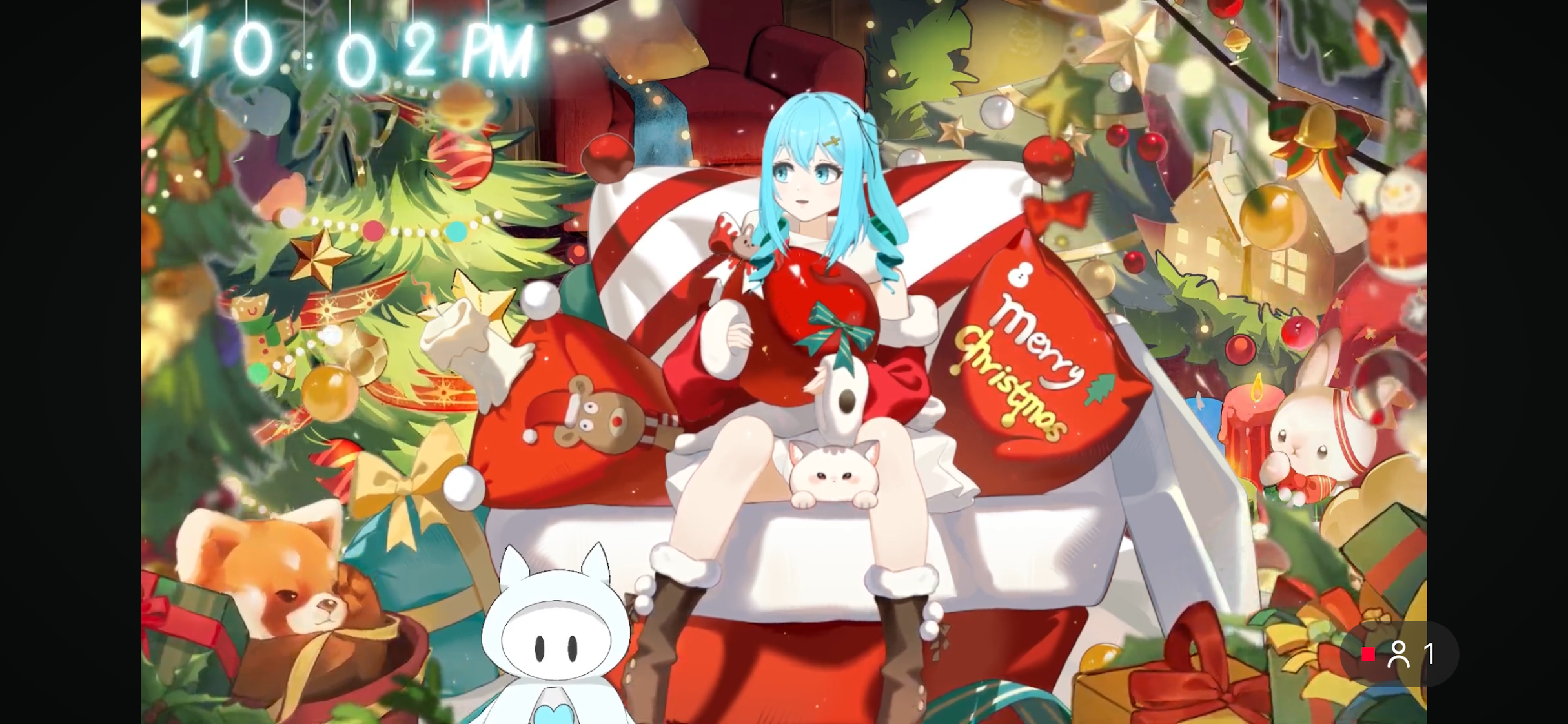 クリスマスの飾りに囲まれ、赤い衣装で座る海色せあの配信画面。